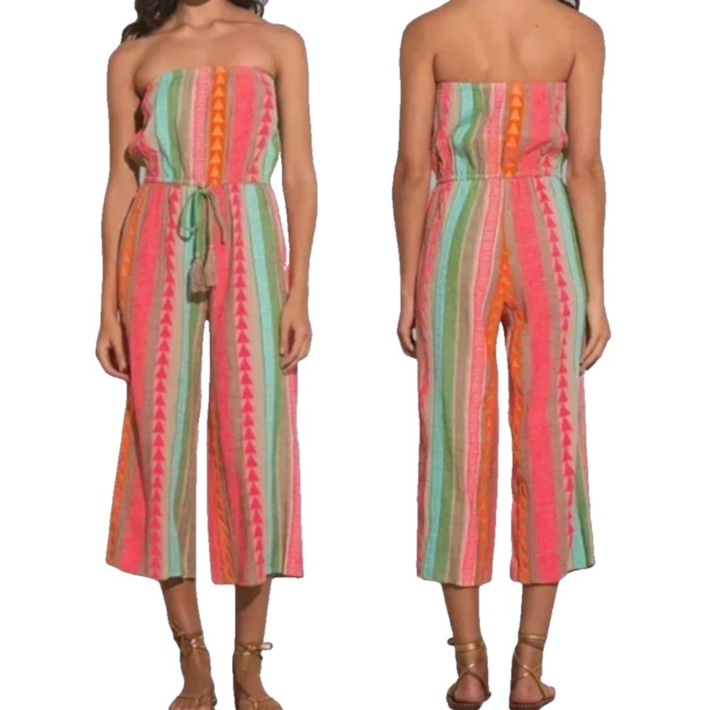 Elan Strapless Wide Leg Jumpsuit Size L Colorful Geometric Print Boho Festival